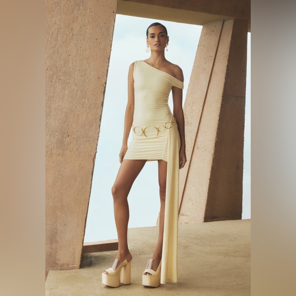 Meshki One-Shoulder Mini Dress with Draped Train